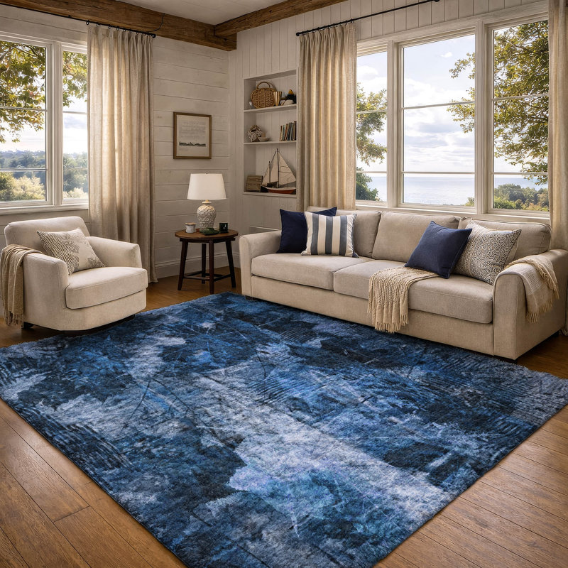 Premium Machine Washable Dream Shag ADS560 Floral Rug, Navy, 10' x 14'