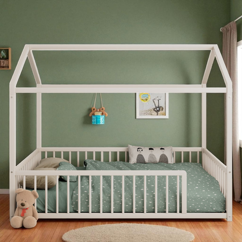 Metal Canopy Bed Floor House Bed With Fence, White, Full