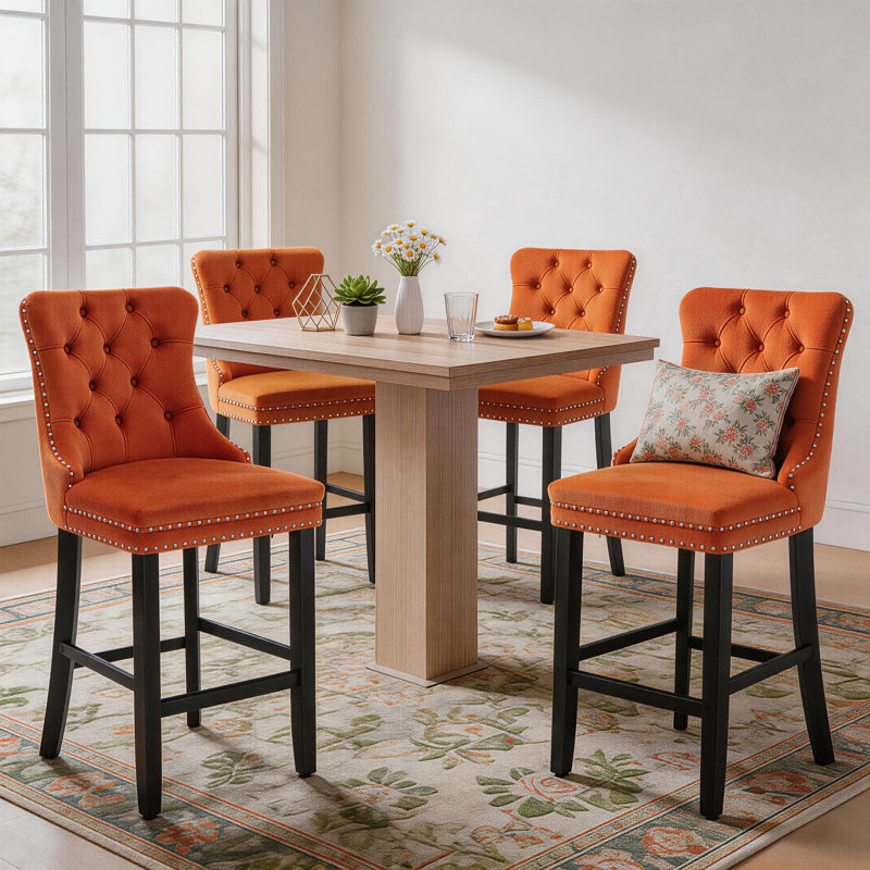 Velvet Upholstered Bar Stool with Button Tufted Back (Set of 4), Orange/Dark Navy