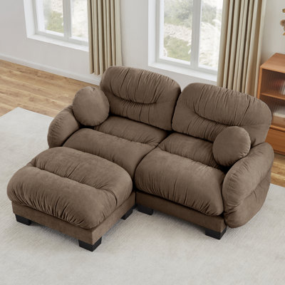 Canapé modulaire plissé en chenille 2 places avec mousse ergonomique, flexibilité en forme de L, accoudoirs courbés et coussins décoratifs inclus.
