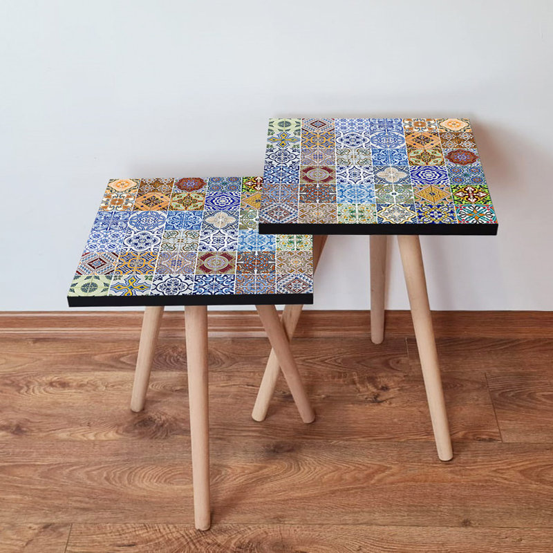 Élégantes tables gigognes (2 pièces) à motif géométrique de 13,8 po x 18,5 po x 13,8 po et de 13,8 po x 16,5 po x 13,8 po | 100% panneau de fibres à densité moyenne avec pieds en bois de hêtre | Parfait pour le salon et la décoration moderne, solution peu encombrante