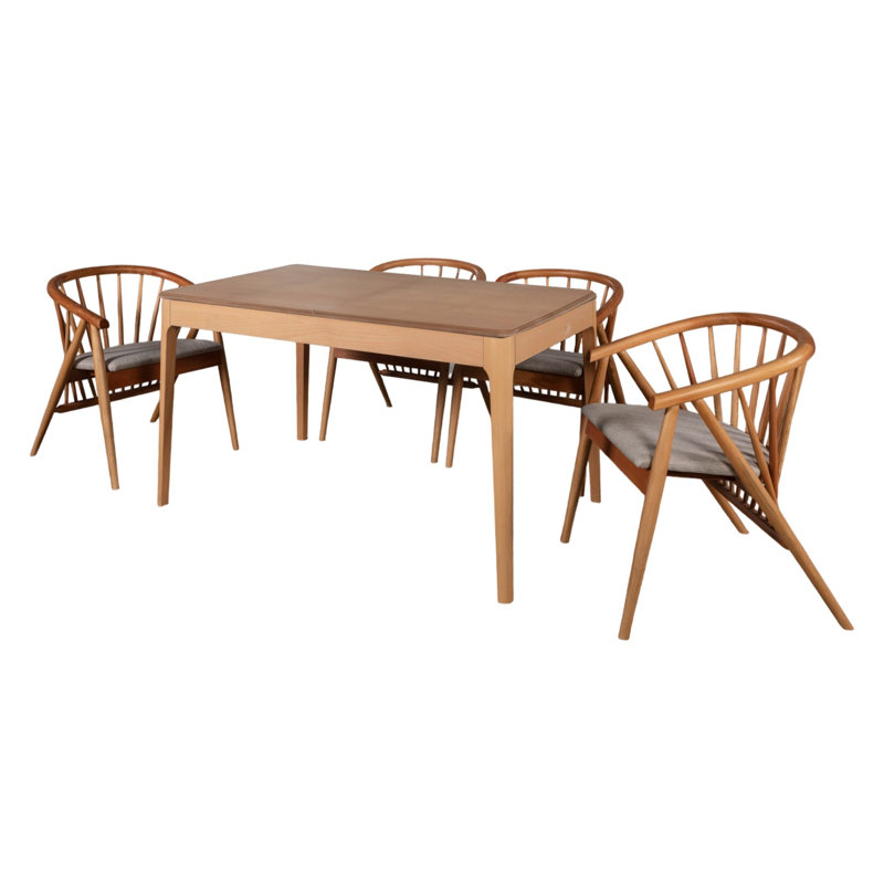 Abai Extendable Dining Table & Chairs Set (5 Pieces), Solid Beech Wood, 47.2 x 31.5 x 29.5 inches (Open: 63.0 x 31.5 x 29.5 inches) | 100% Linen Upholstered Chairs, Elegant Brown Finish | Ideal for Traditional & Scandinavian Decor