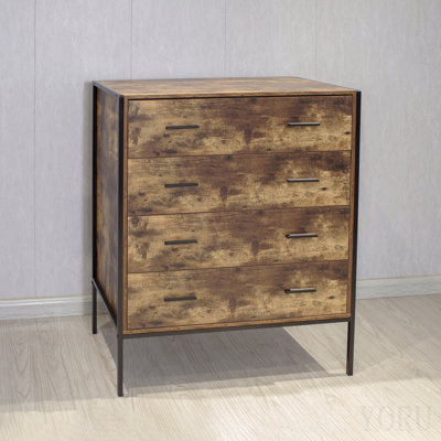 Industrial Style 4 Drawer Dresser, Rustic Brown Wood Storage Dresser Clothes Organizer With Sturdy Steel Frame, Chest With 4 Drawer, Storage Cabinet F