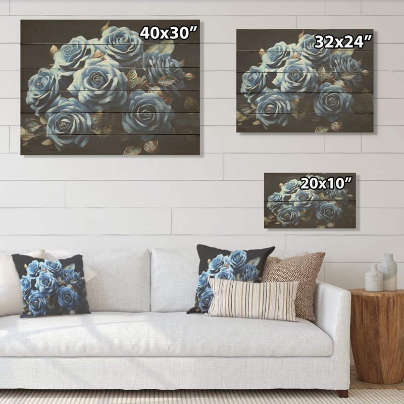 Azur bleu, arrangement de roses élégantes - roses, art sur bois de pin naturel, H 10 po x l 20 po
