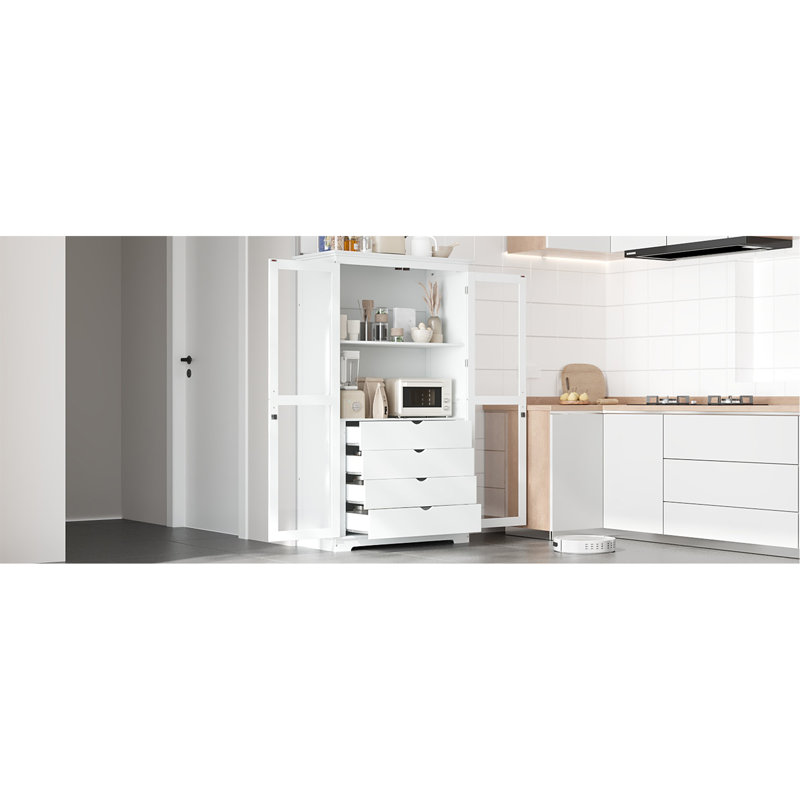 44.7X20x75inch Kitchen Pantry, Freestanding Kitchen Storage Cabinet Display Cabinet With Glass Doors And 4 Built-In Drawers For Living Room, Home Office, White