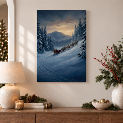 Père Noël en traîneau avec renne dans la montagne enneigée, art mural sur toile