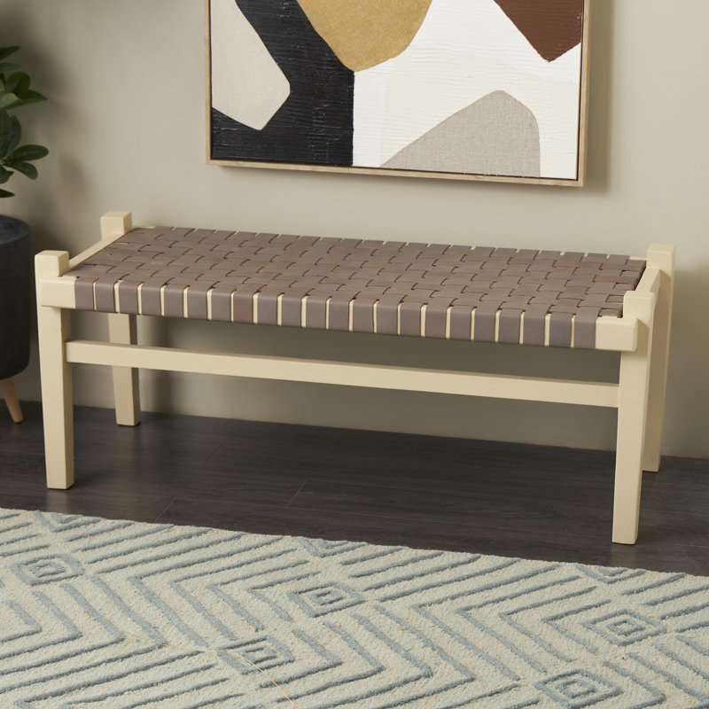 Banc de maison en cuir tissé à la main Cole avec base en bois beige Cole, Gris