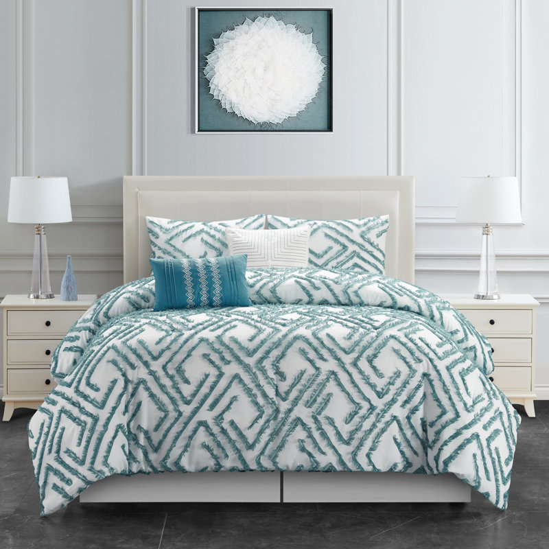 Amelie 6 Piece Geometric Comforter Set, White/Jade, King Comforter + 5 Additional Pieces