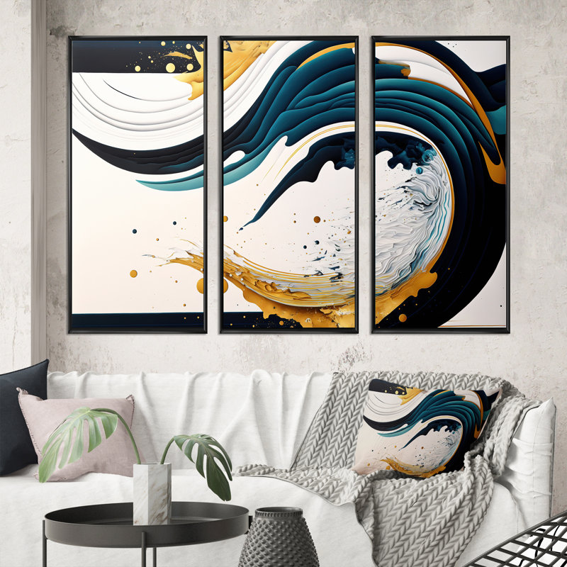 «Blue and Gold Modern Art Abstract Paint VI», ensemble d'art mural moderne sur toile, H 28 po x l 36 po x P 1 po, Cadre noir