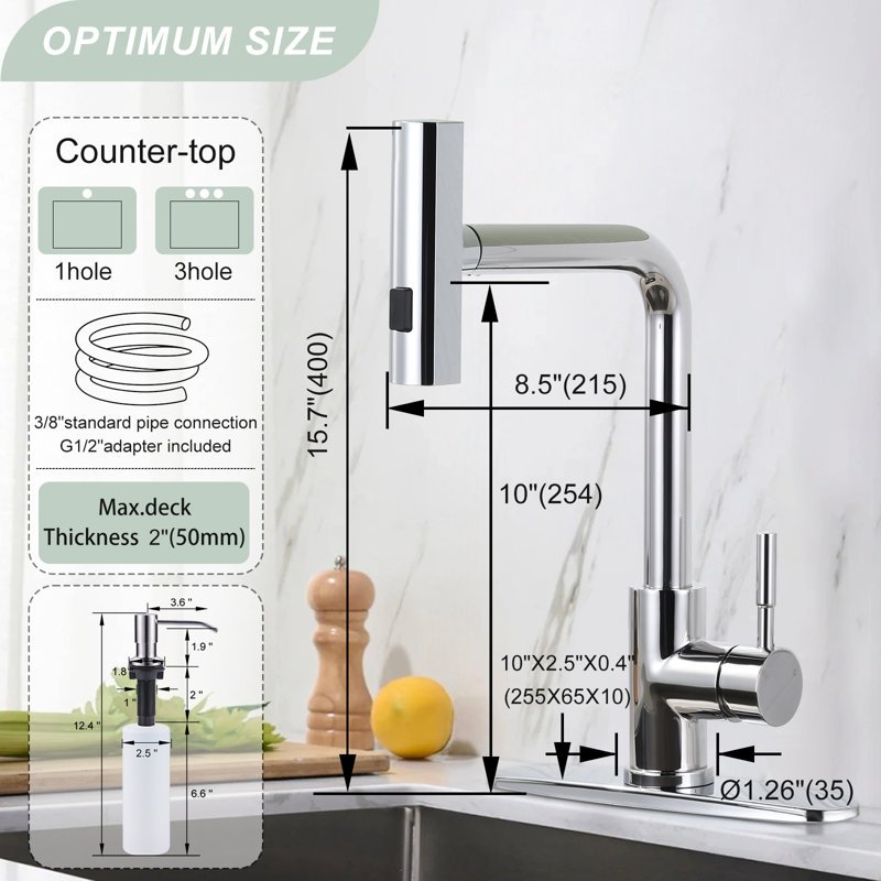 Robinet de cuisine monocommande à grande arche avec pulvérisateur rétractable et distributeur de savon, Chrome poli