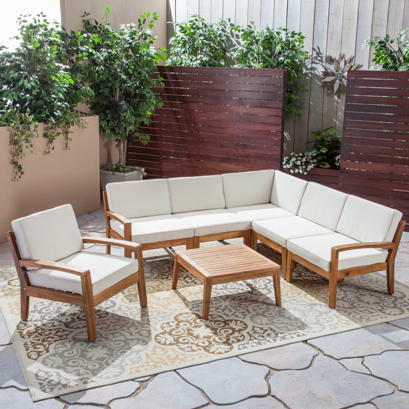 Acacia 5 - Person Modular Patio Conversation Set with Cushions, Teak Frame / Beige Cushion