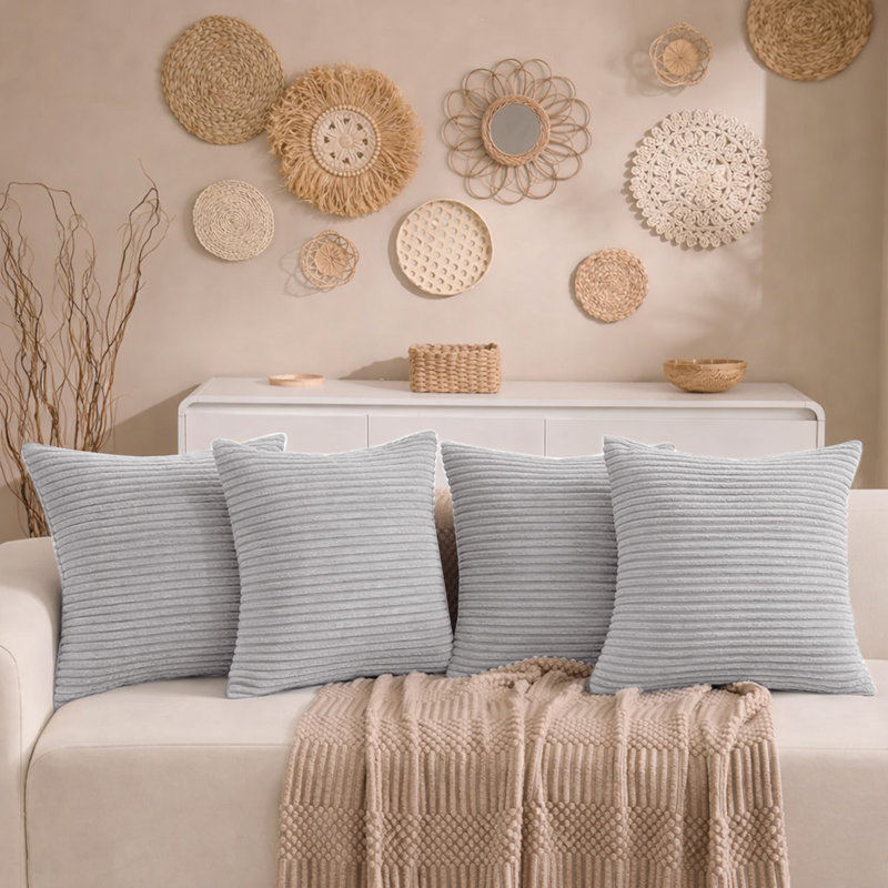 Aspire Homeware Striped Square Velvet Cushion Cover, Silver, Pack of 4
