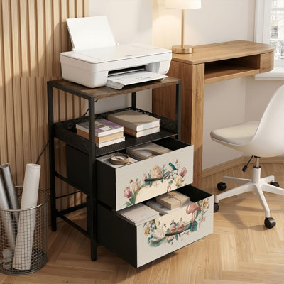 Table de chevet 2 tiroirs avec station de charge, table de chevet pour chambre à coucher avec ports USB, tablette ouverte noire, table de chevet avec cadre floral rétro, ballerines à motif de pastels doux