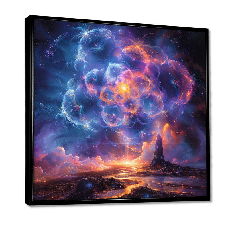 Décoration florale céleste mystérieuse - paysages spatiaux, H 16 po x l 16 po, Cadre flottant noir