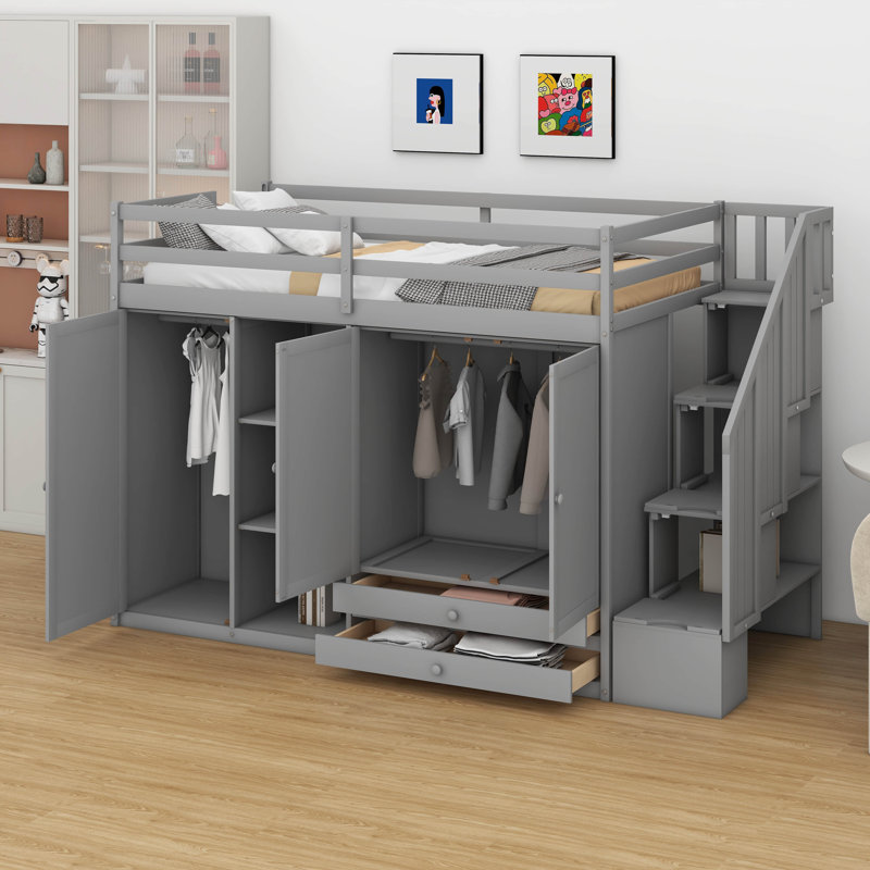 Twin Size Loft Bed With 3 Shelves And 2 Wardrobes,Wooden Bedframe With 2 Drawers And Storage Staircase, Gris