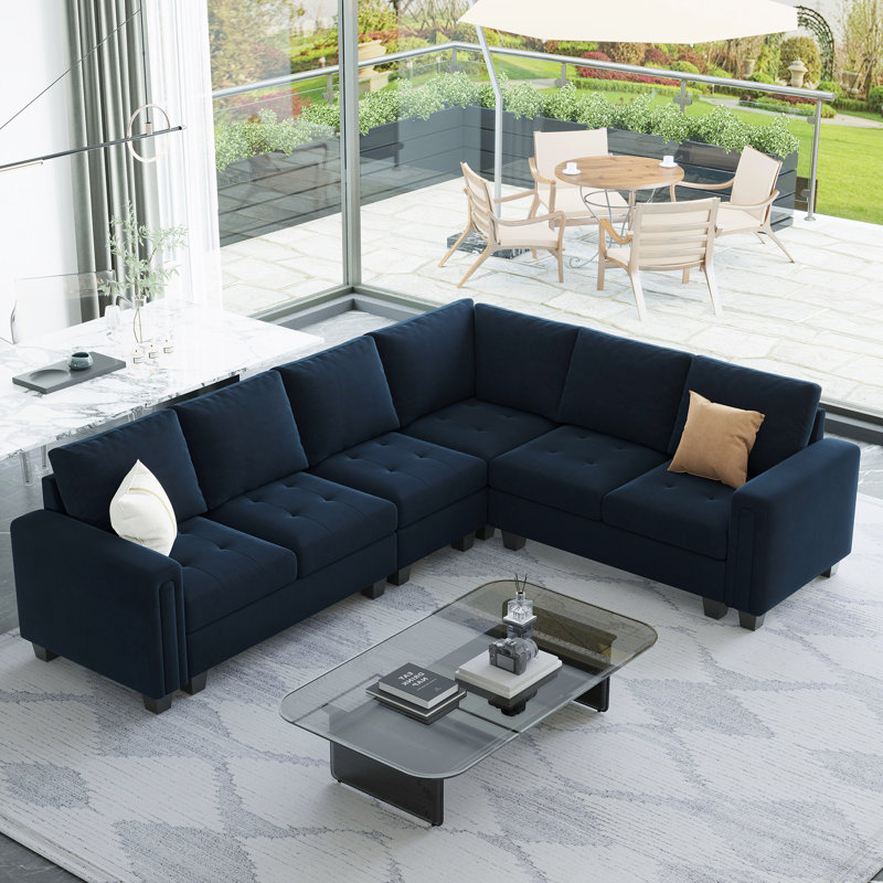Canapé modulaire en L 5 pièces Shavera, Velours bleu