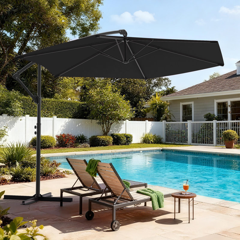Parasol de marché en porte-à-faux 10 pi avec ajustement facile, tissu teint dans la masse, 8 nervures pour la cour arrière, près de la piscine