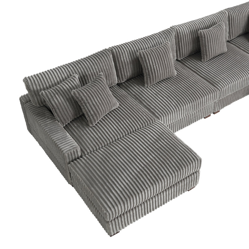 6 Seater Sectional, Light Grey Faux Fur