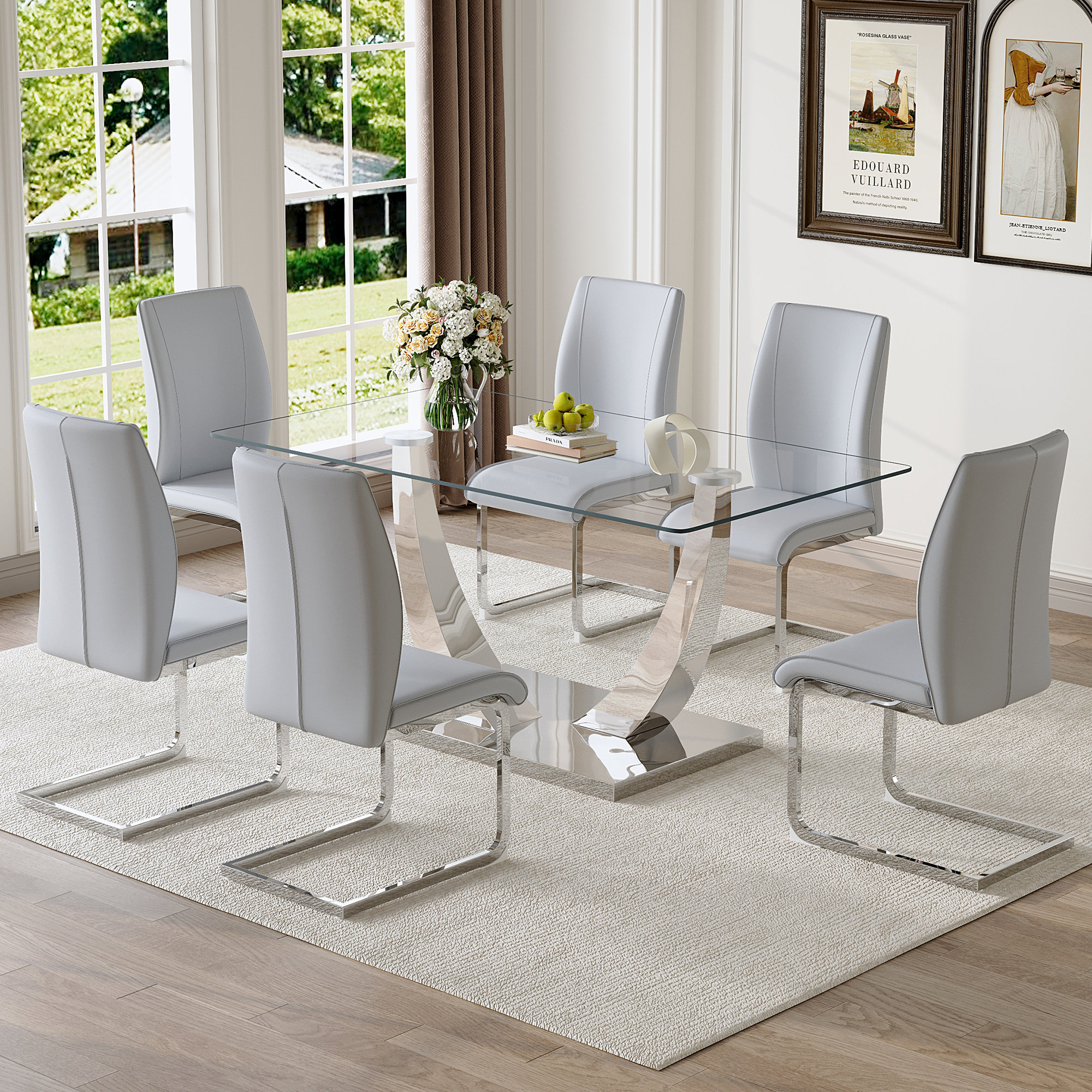 Orren Ellis Tempered glass dining table with silver legs, paired with 6 ...