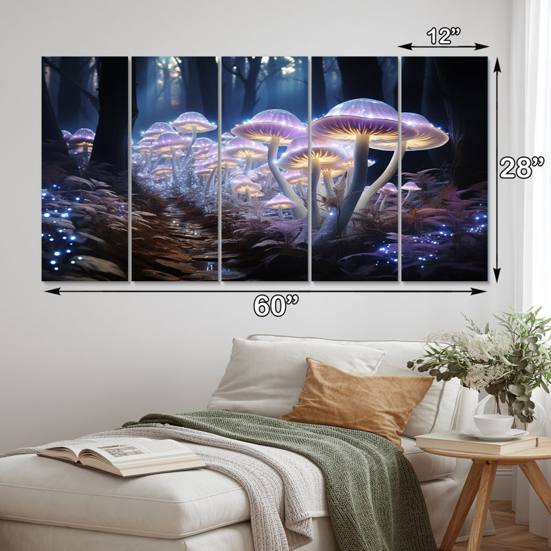 Champignons magiques mauves dans la forêt enchantée - reproduction d'art mural champignon - 5 panneaux égaux