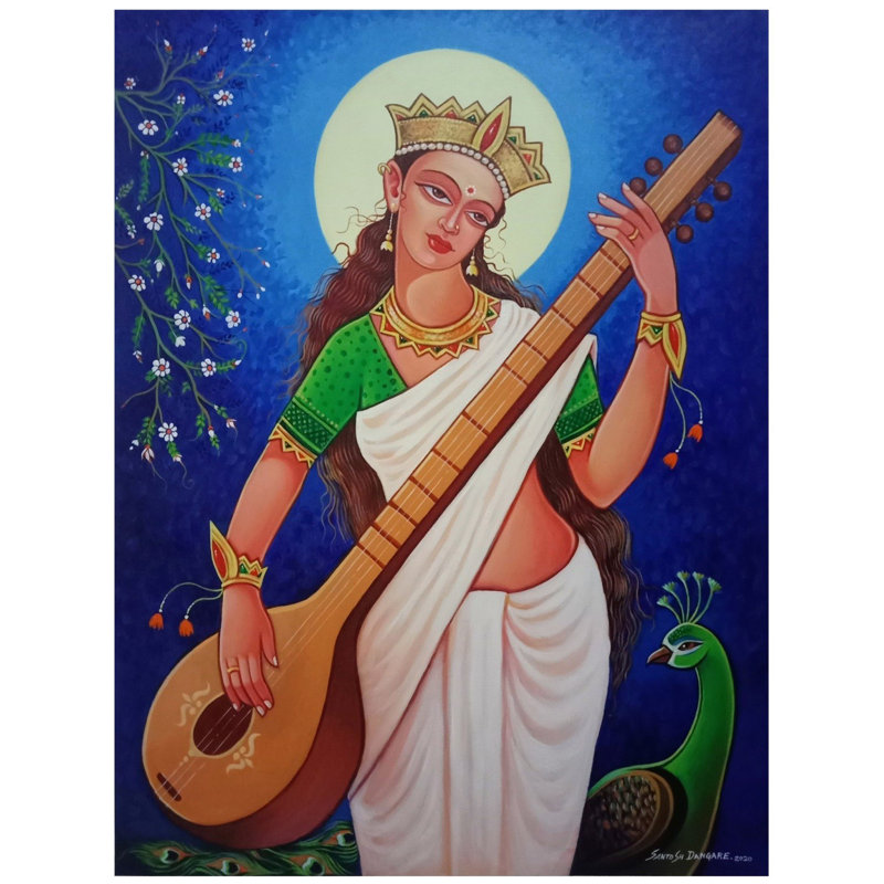 Maa Saraswati jouant à Sitar | Acrylique sur toile | Par Santosh Narayan Dangare