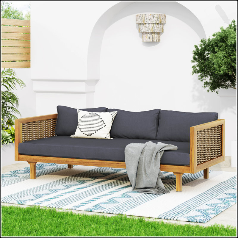 CLAREMONT 3 SEATER DAYBED WITH RATTAN ARMS, Durable Acacia Wood, Water-Resistant Cushions For Outdoor Relaxation, Dark Gray