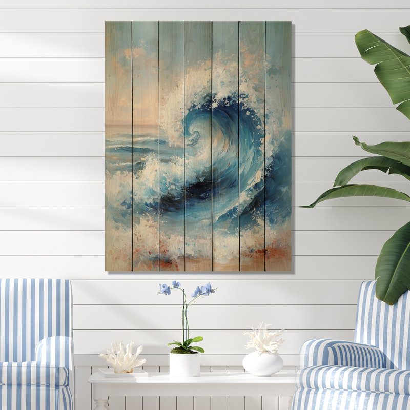 Vagues côtières bleues et blanches en spirale - bois de plage, art mural - sur bois de pin naturel