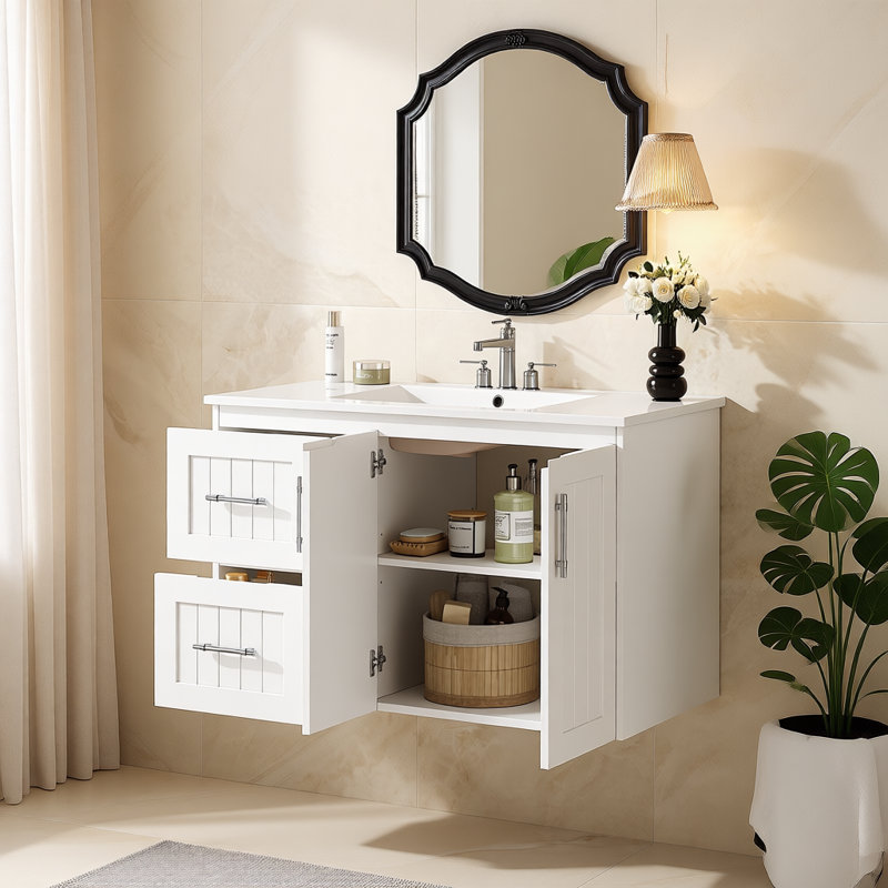 Meuble-lavabo mural 36 po avec lavabo intégré en céramique, meuble-lavabo flottant avec 2 tiroirs et tablette réglable, meuble-lavabo simple à cadre en bois massif