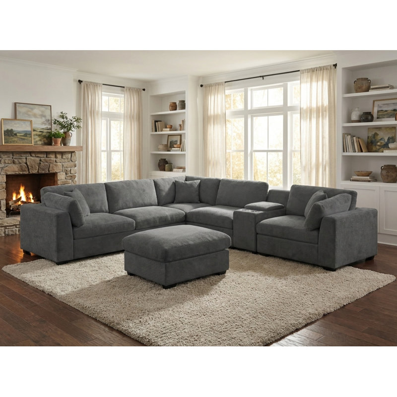 Canapé modulaire surdimensionné rembourré, canapé modulaire Cloud avec repose-pieds et console, Tissu gris