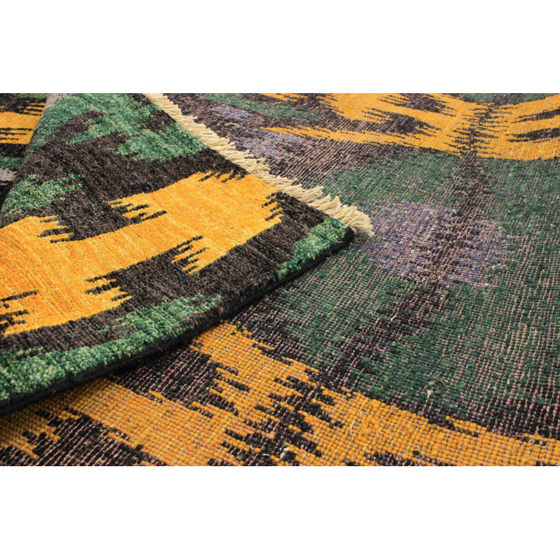 Tapis unique vert / jaune en laine noué à la main style Mogul des années 2010 de 5 pi 11 po x 9 pi Quinya