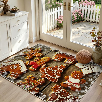 Tapis d'intérieur en bois brun lavable à la machine, motif biscuits de Noël en pain d'épices