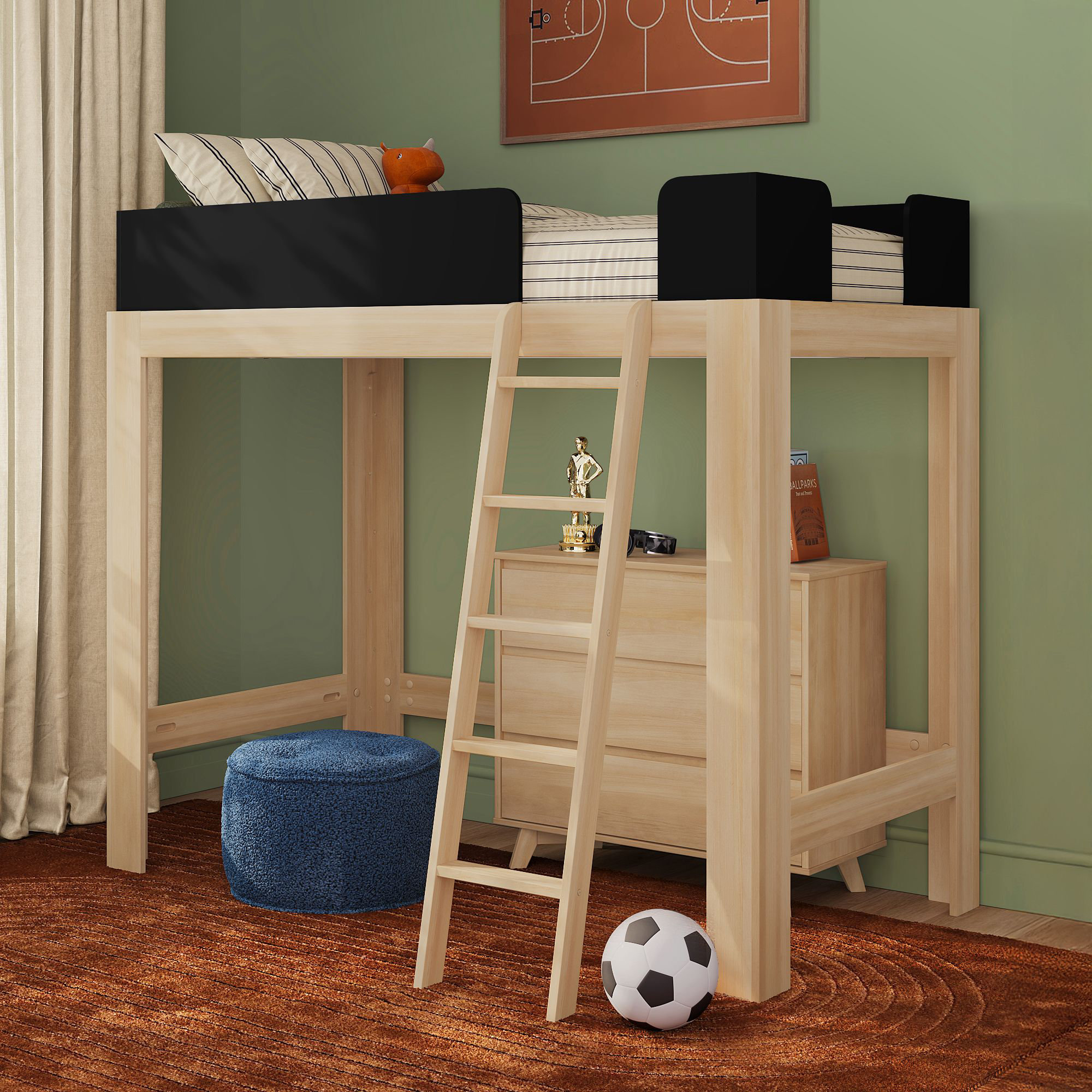 Ambur Twin Solid Wood Loft Bed, Blonde/Black