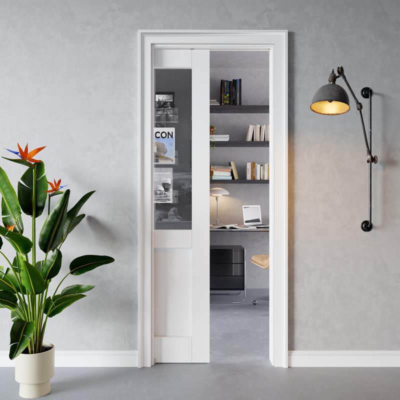 Interior Sliding Pocket Door Solid Core White Primed Half Clear Glass Sliding Door With Soft-Close And Frame For Kitchen & Bedroom