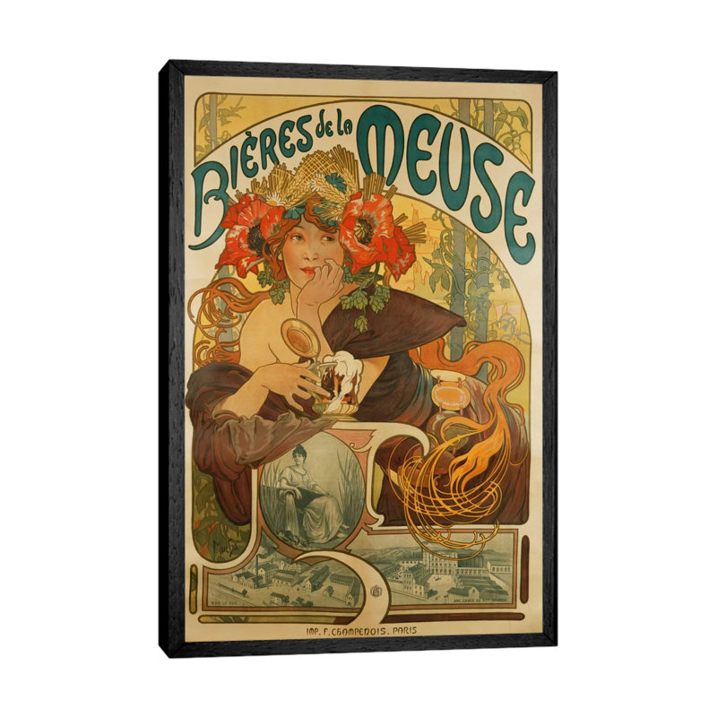 Bieres De La Meuse (Meuse Beer) Advertisement, 1897 by Alphonse Mucha - Print on Canvas, Black Framed Canvas