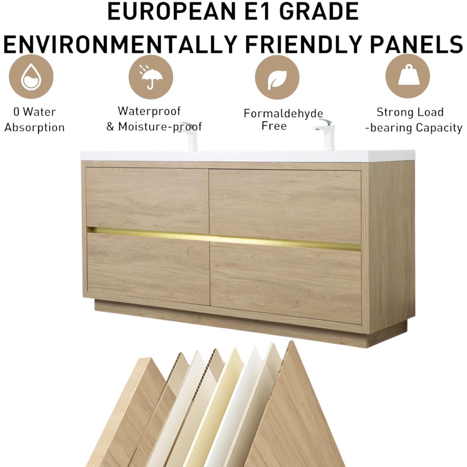 Beira 71" Double Bathroom Vanity, Oak