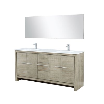 Lafarre 72"" Rustic Acacia Double Bathroom Vanity, White Quartz Top, White Square Sinks, Labaro Brushed Nickel Faucet Set, And 70"" Frameless Mirror -  Lexora, LLF72DKSODM70FGM