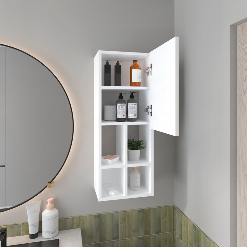 White Wall-Mounted Bathroom Cabinet With Door And 4 Open Shelves