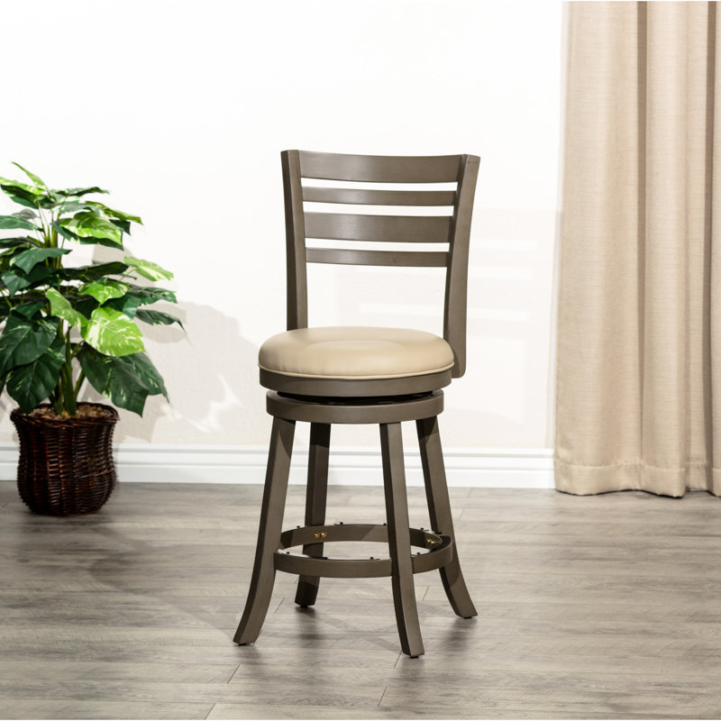 Counter Height Slat Back Stool With Swivel, Weathered Gray Finish, French Leather Sitting Swivel Design, Area