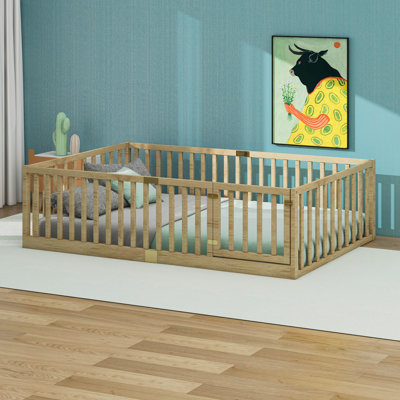 Floor Bed With Fence & Door, Floor Bed Frame With Slats, Wooden Bed Frame With Safety Guardrails