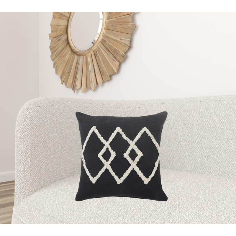 Square Trellis Contrasting Border Cotton Blend Pillow Cover, Polyester/Polyfill, Black Geometric
