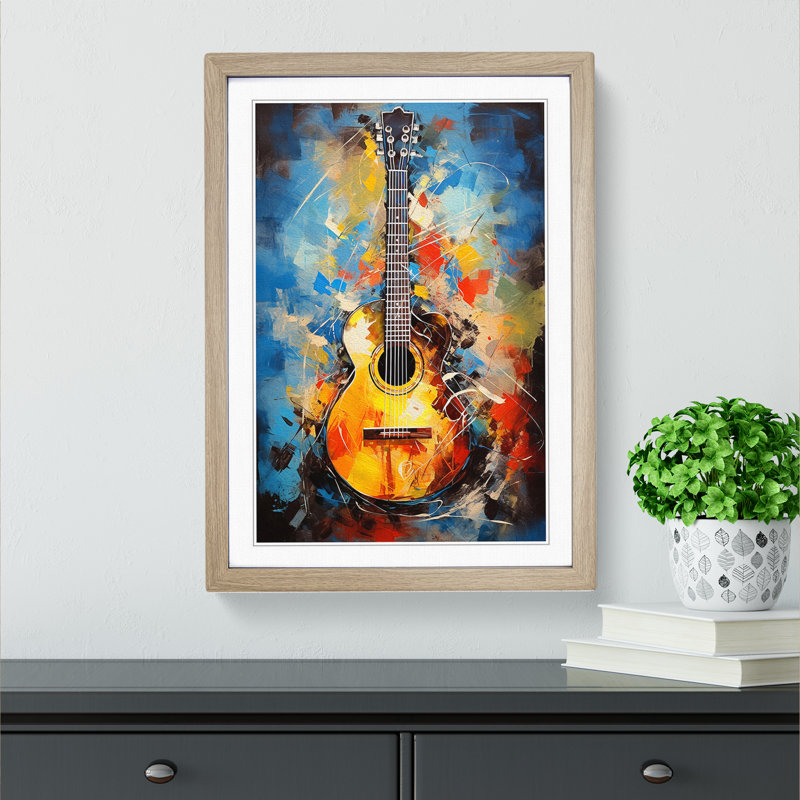 XYZ-FRM-V1223-1746 Acoustic Guitar Action Painting - Single Picture Frame Print on Wood, 34cm H x 25cm W x 2cm D, Oak 