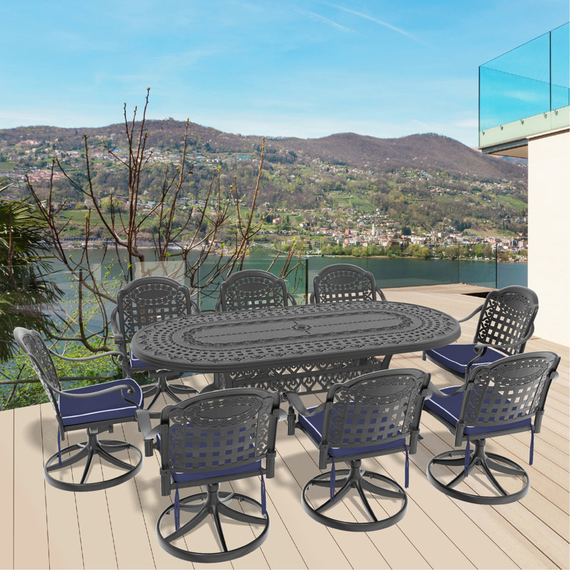 Ensemble de salle à manger 9 pièces en fonte d'aluminium, comprenant 8 chaises pivotantes et une table ovale avec cadre noir