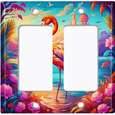 Metal Light Switch Plate Cover; US Standard Size 2 Gang GFI Rocker - Fantasy Flamingo