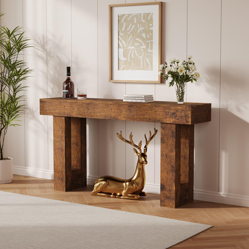 63" Farmhouse Console Table, Long Sofa Table Behind Couch, Wooden Entryway Table, Brown