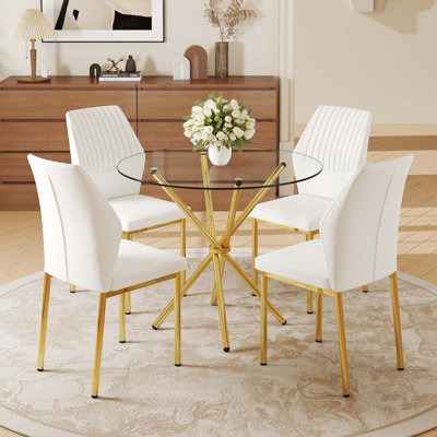 4-Piece Dining Set With Round Tempered Glass Table & Chairs for Living Room & Kitchen
