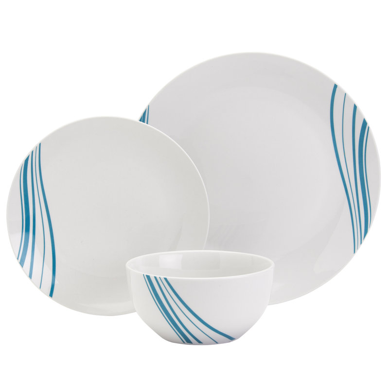 Marina White and Teal Porcelain 12-Piece Dinnerware Set, Service for 4