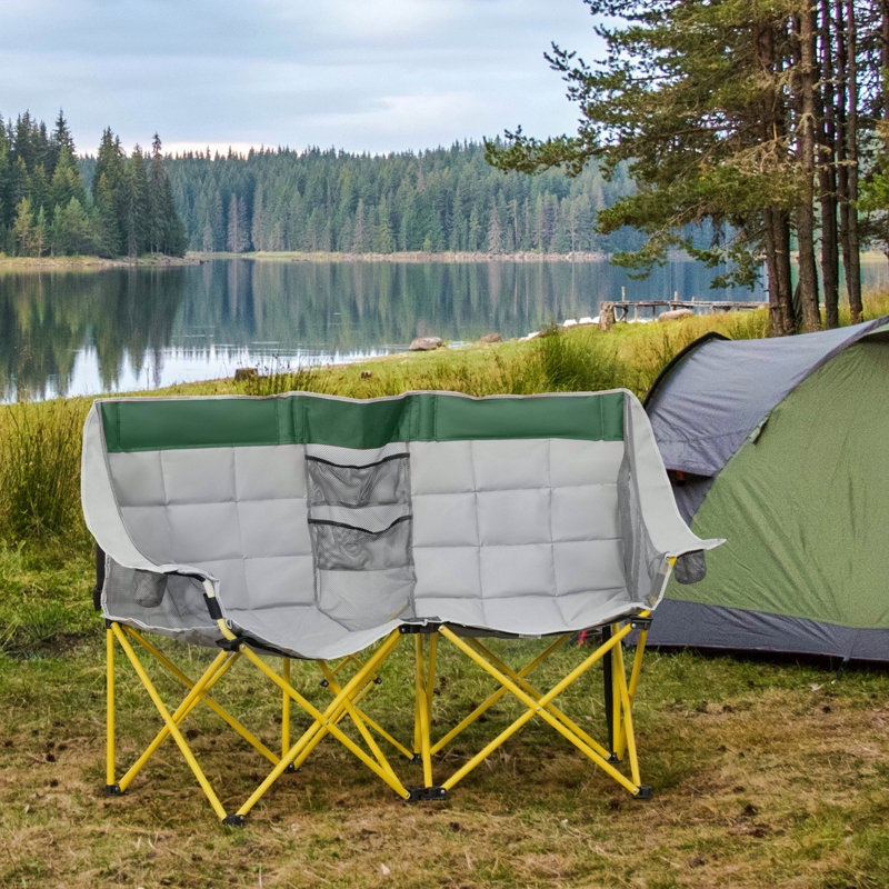 Outsunny Loveseat Style Folding Camping Chair With Carry Bag & Cup Holders, Ideal For Outdoor Activities And Travel