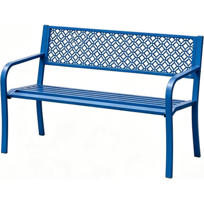 790 lb Heavy Duty Steel Garden Bench for 2 – Weather-Resistant Outdoor Metal Seating with Geometric Backrest for Porch, Yard, Deck, Entryway
