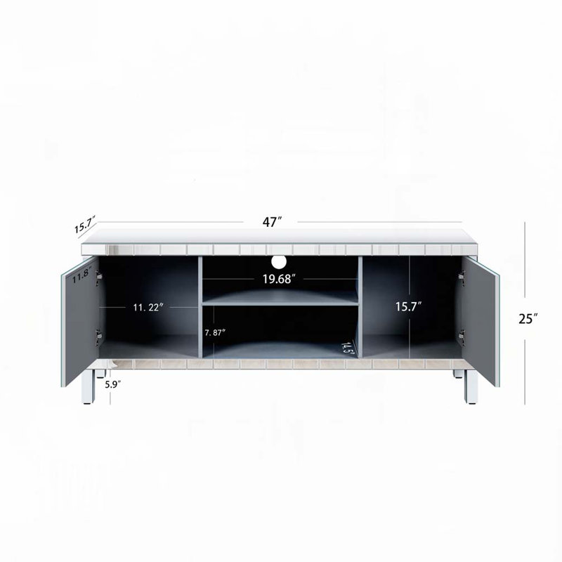 47 Inch Mirror TV Media Console with Diamond Glass Doors, Dual Door Design with Open Storage Space, Compatible with 50-Inch TVs, Modern Decor for Living Room & Bedroom