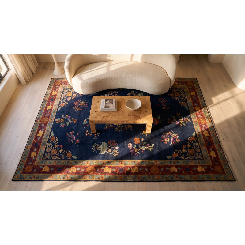 Tapis rectangulaire chinois en laine noué à la main de style antique années 1920 bleu art déco